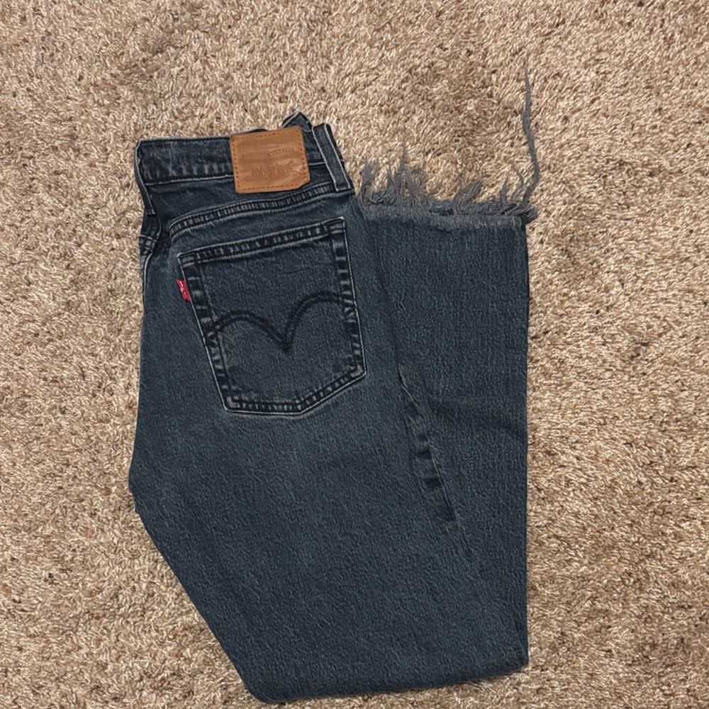 Levi's Dark Black Frayed Hem Straight Jeans
